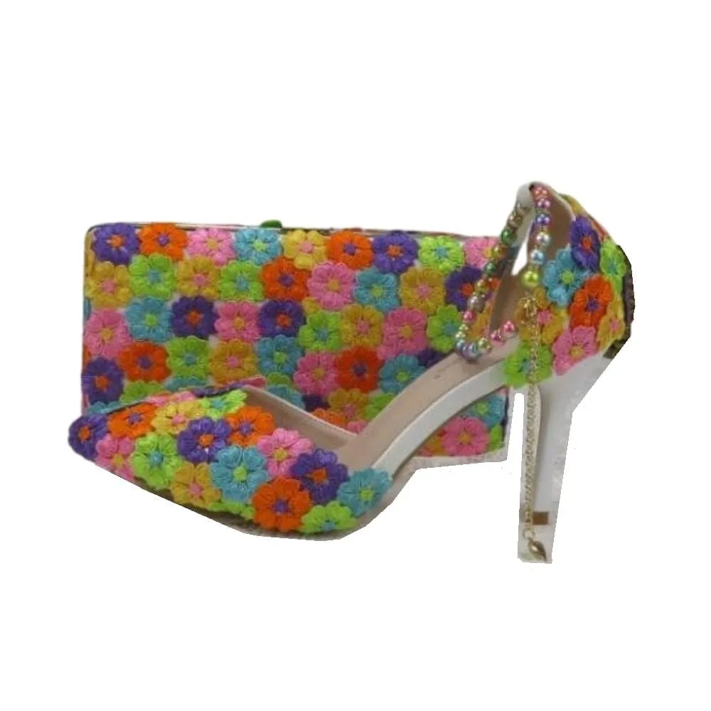 BAYA Women's Fashion Elegant White Flower Lace Design Wedding Shoes with Matching Handbag