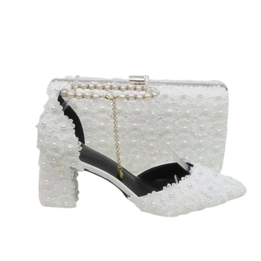 BAYA Women's Fashion Elegant White Flower Lace Design Wedding Shoes with Matching Handbag