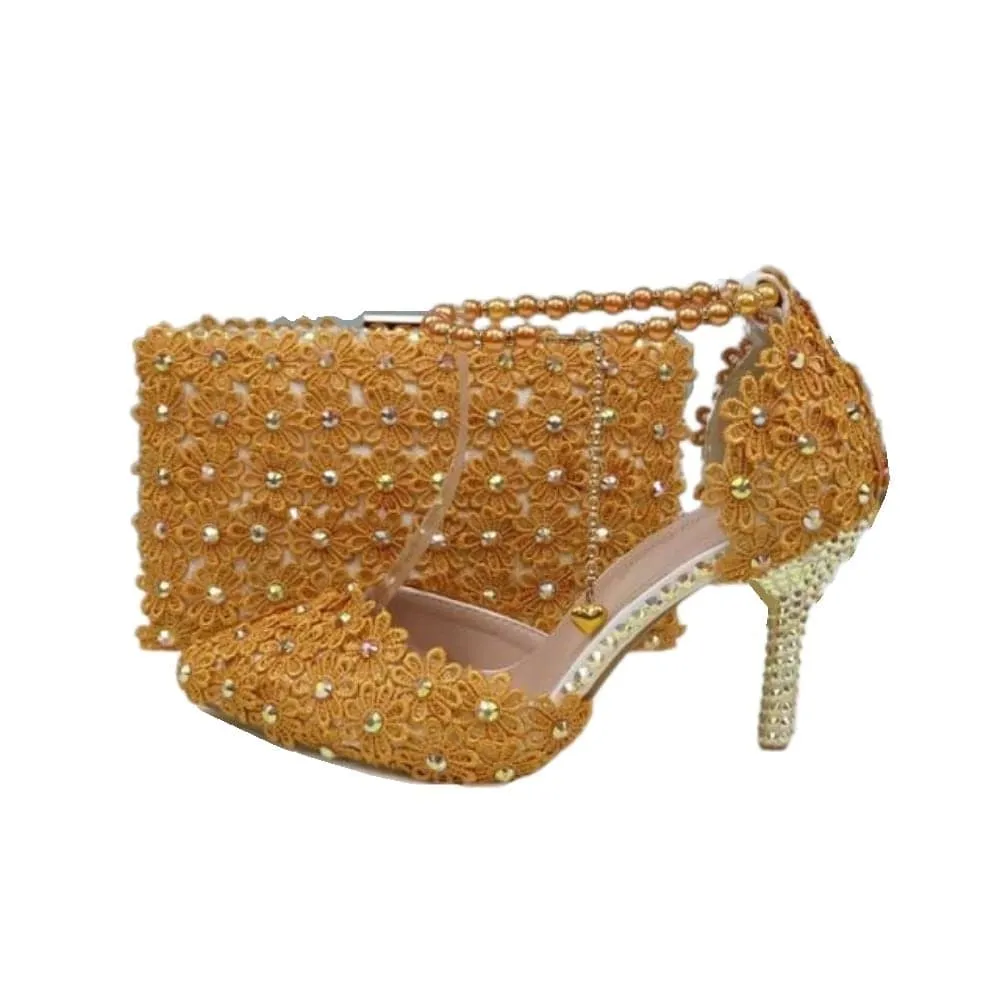 BAYA Women's Fashion Elegant White Flower Lace Design Wedding Shoes with Matching Handbag