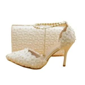 BAYA Women's Fashion Elegant White Flower Lace Design Wedding Shoes with Matching Handbag