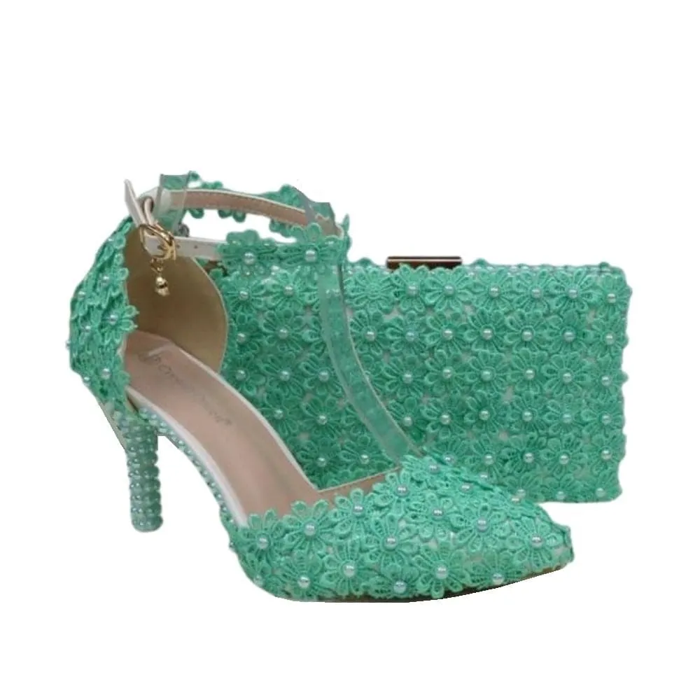 BAYA Women's Fashion Elegant White Flower Lace Design Wedding Shoes with Matching Handbag