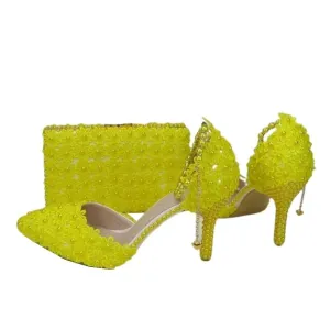 BAYA Women's Fashion Elegant Yellow Flower Lace Design Wedding Shoes with Matching Handbag