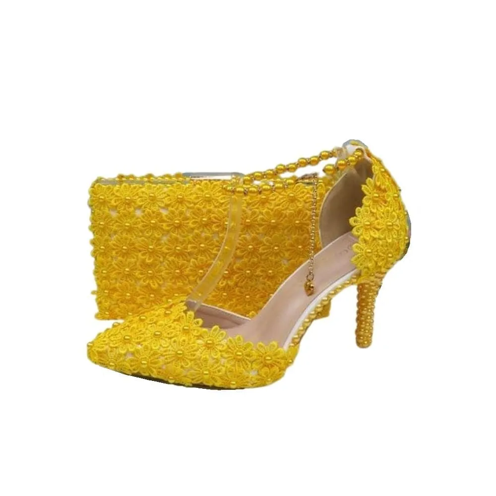 BAYA Women's Fashion Elegant Yellow Flower Lace Design Wedding Shoes with Matching Handbag