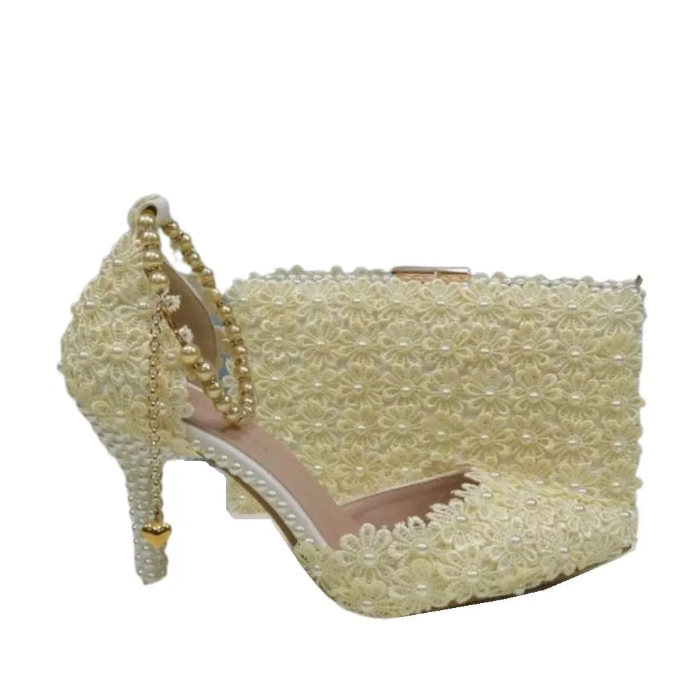 BAYA Women's Fashion Elegant Yellow Flower Lace Design Wedding Shoes with Matching Handbag