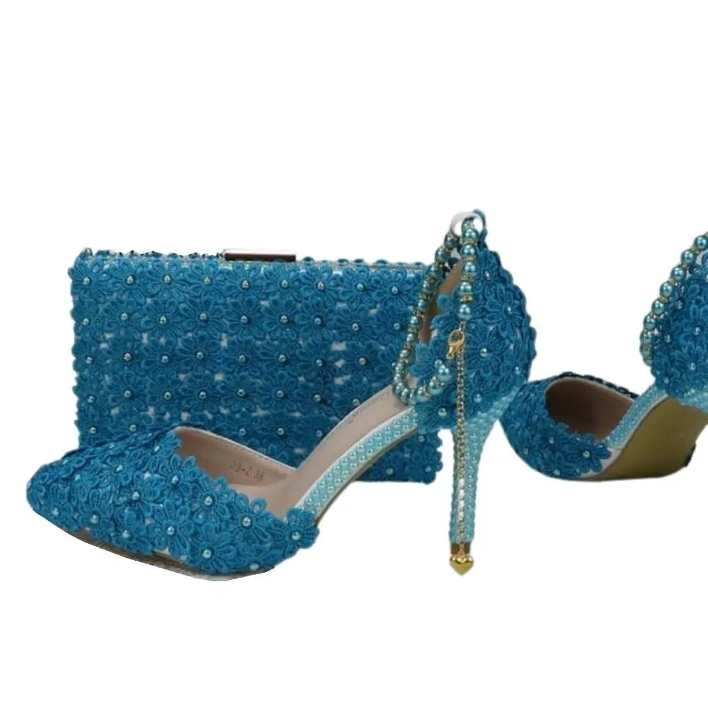 BAYA Women's Fashion Elegant Yellow Flower Lace Design Wedding Shoes with Matching Handbag