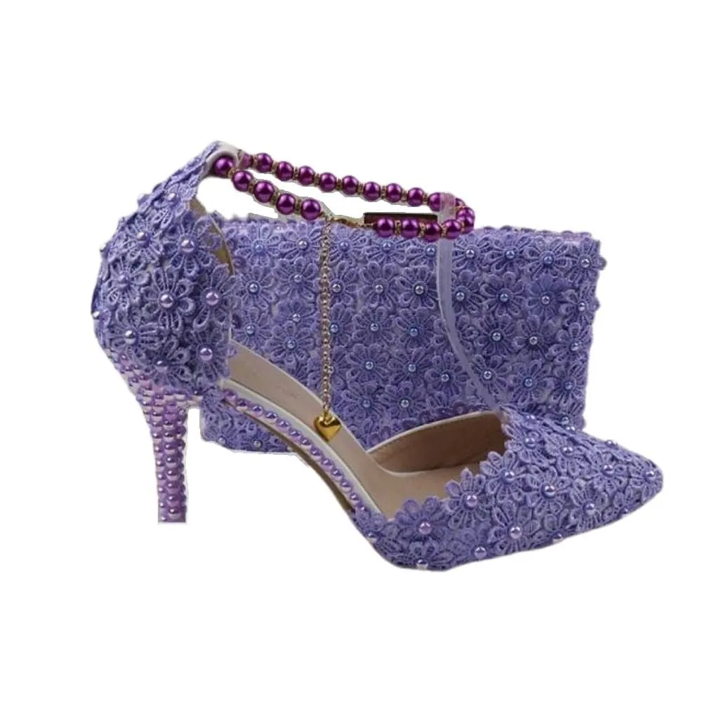 BAYA Women's Fashion Elegant Yellow Flower Lace Design Wedding Shoes with Matching Handbag