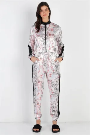 Black Contrast Satin Effect Multi Color Print Zip-Up Jacket & Pants Set /2-2-2