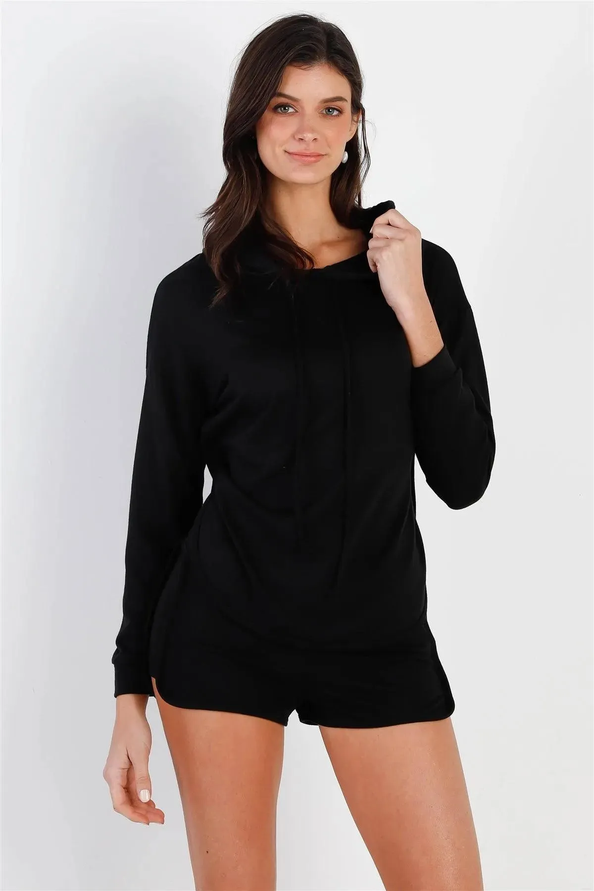 Black Racer Back Detail Long Sleeve Hooded Top & Short Set /1-2-2