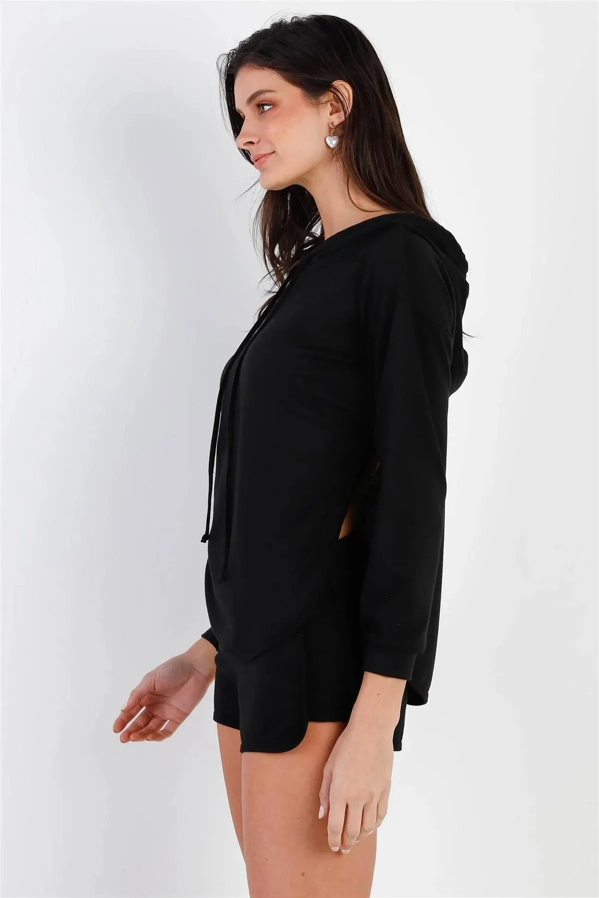 Black Racer Back Detail Long Sleeve Hooded Top & Short Set /1-2-2