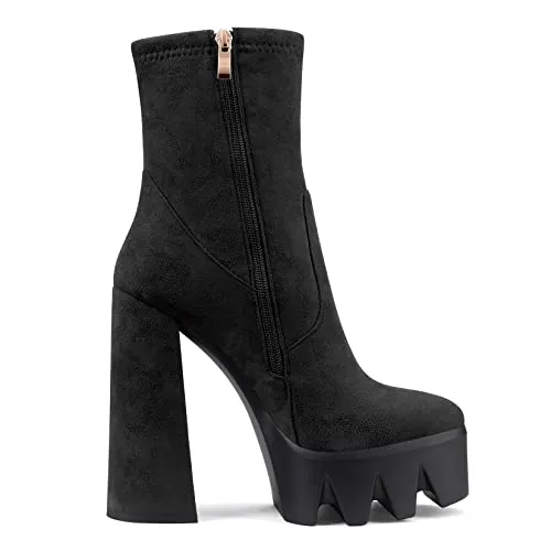 Castamere Women Platform Ankle Boots Short Bootie High Heel Close Toe Chunky Block 5.9 Inches Heels Zipper Slip-on Boots Black Suede