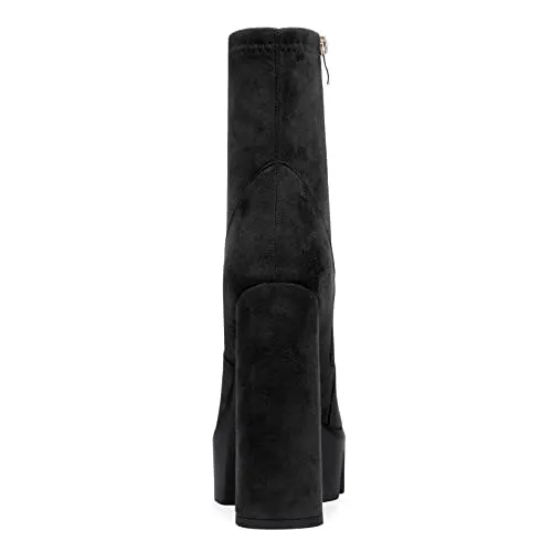 Castamere Women Platform Ankle Boots Short Bootie High Heel Close Toe Chunky Block 5.9 Inches Heels Zipper Slip-on Boots Black Suede