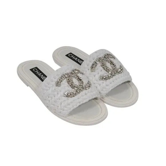 CHANEL CC CRYSTAL LOGO RAFFIA STRASS SANDALS MULES