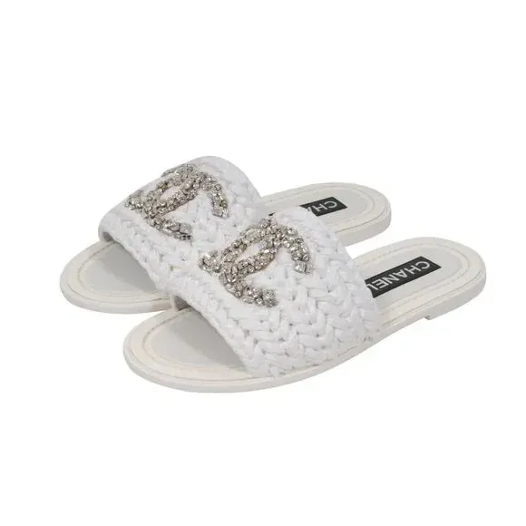 CHANEL CC CRYSTAL LOGO RAFFIA STRASS SANDALS MULES