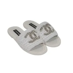 CHANEL CC CRYSTAL LOGO RAFFIA STRASS SANDALS MULES