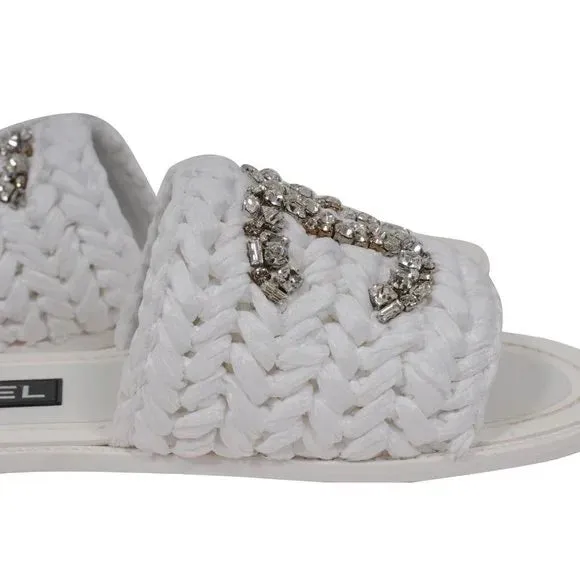 CHANEL CC CRYSTAL LOGO RAFFIA STRASS SANDALS MULES