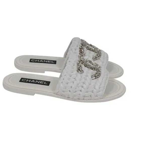 CHANEL CC CRYSTAL LOGO RAFFIA STRASS SANDALS MULES