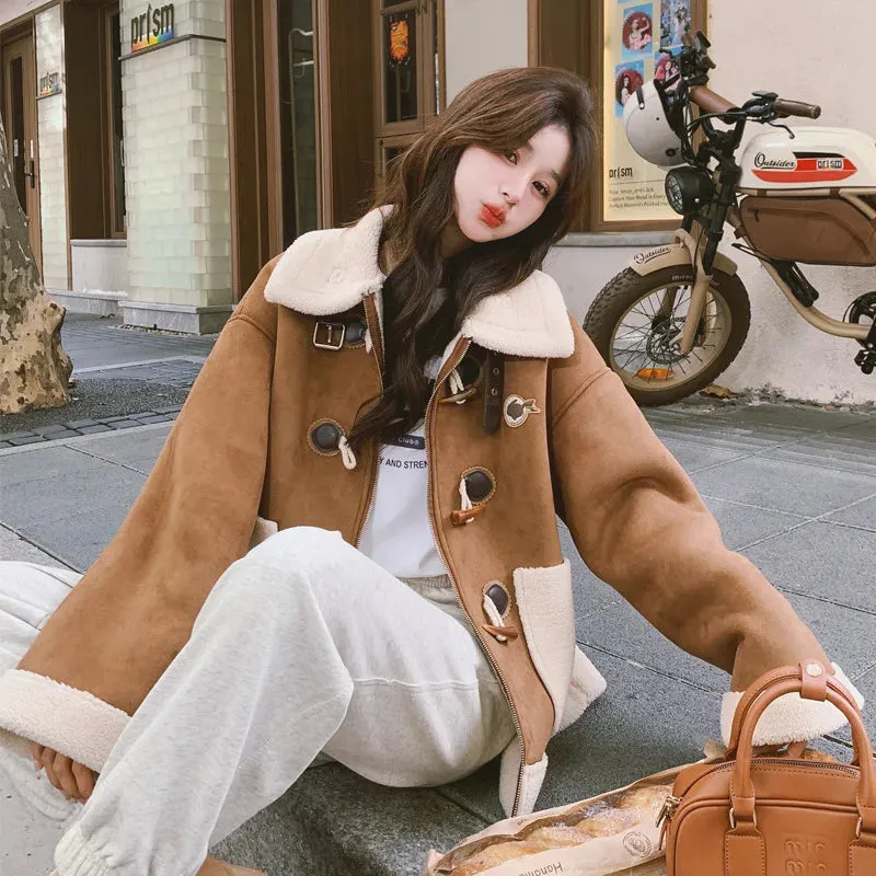 cold weather outfits Joskaa Vintage Brown Leather Women's Cropped Jacket Lamb Wool Integrated Pocket Maillard Autumn/Winter New Arrival Thickened Loose Fit