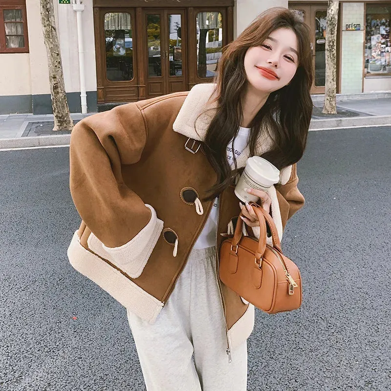cold weather outfits Joskaa Vintage Brown Leather Women's Cropped Jacket Lamb Wool Integrated Pocket Maillard Autumn/Winter New Arrival Thickened Loose Fit