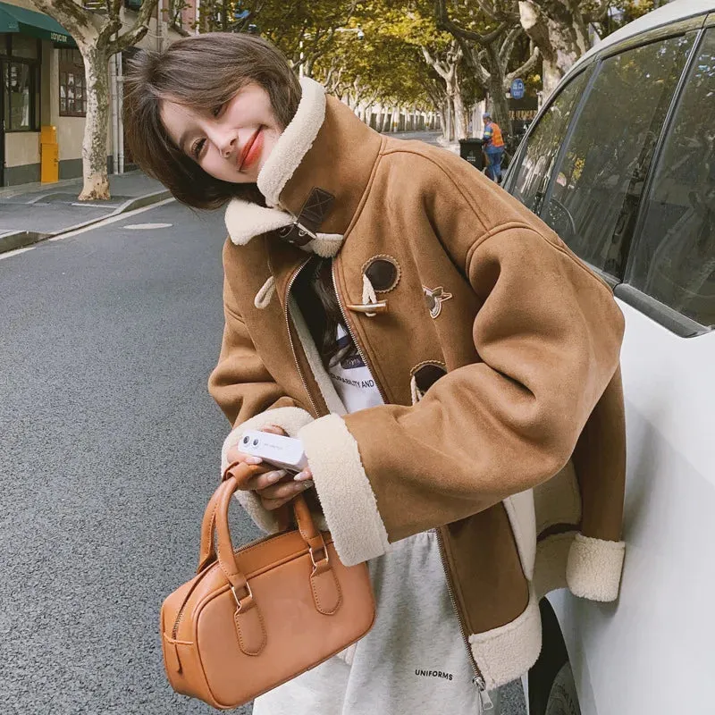 cold weather outfits Joskaa Vintage Brown Leather Women's Cropped Jacket Lamb Wool Integrated Pocket Maillard Autumn/Winter New Arrival Thickened Loose Fit