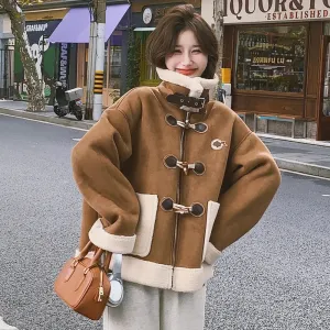 cold weather outfits Joskaa Vintage Brown Leather Women's Cropped Jacket Lamb Wool Integrated Pocket Maillard Autumn/Winter New Arrival Thickened Loose Fit