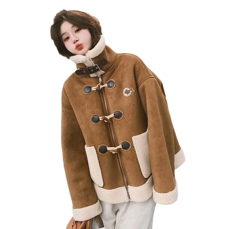 cold weather outfits Joskaa Vintage Brown Leather Women's Cropped Jacket Lamb Wool Integrated Pocket Maillard Autumn/Winter New Arrival Thickened Loose Fit