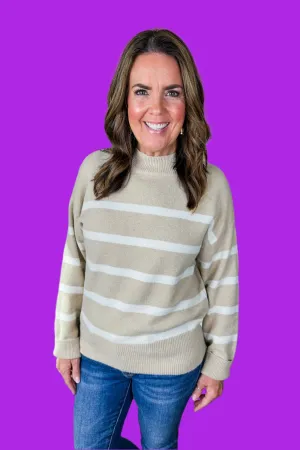 Cozy Closet Staple Striped Knit Sweater in Taupe