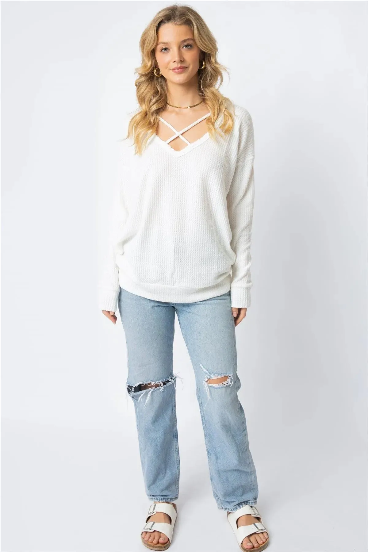 Flannel Textured Crisscross Strap Detail V-Neck Top