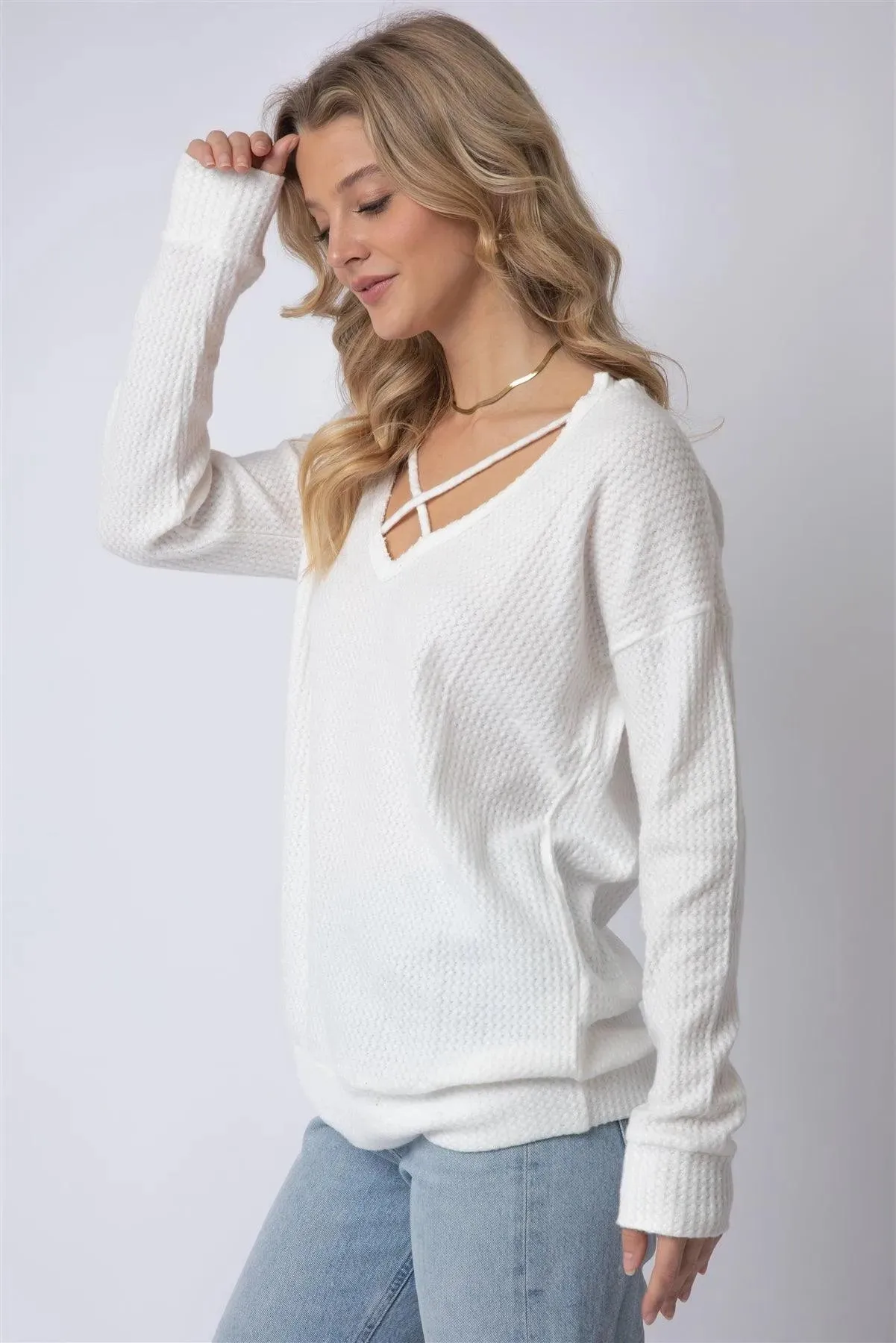 Flannel Textured Crisscross Strap Detail V-Neck Top