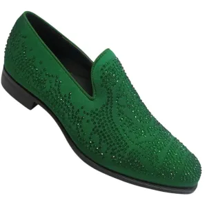 Green Satin Material Men's Shoes Glitter Stone Tuxedo Pron Slip-On Loafer Style-S61