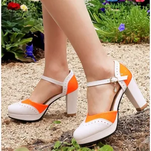 Purpdrank - Women's Heels Wedding Shoes Hand Stitching Vintage Shoes Boho Bohemia Beach Party Outdoor Daily Summer Cone Heel Round Toe Vacation Cute Elegant Leather Buckle Color Block Black White Pink