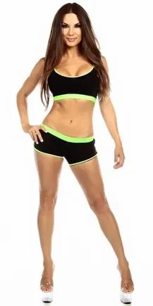Sexy Neon Trim Fit Super Set Low Rise Athletic Gym Shorts - Black/Neon Green