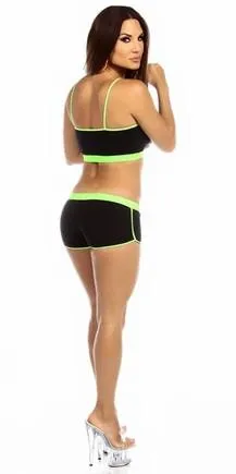 Sexy Neon Trim Fit Super Set Low Rise Athletic Gym Shorts - Black/Neon Green