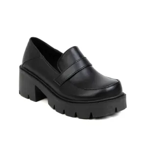 Women's Round Toe Shallow Block Chunky Heel Platform Loafers