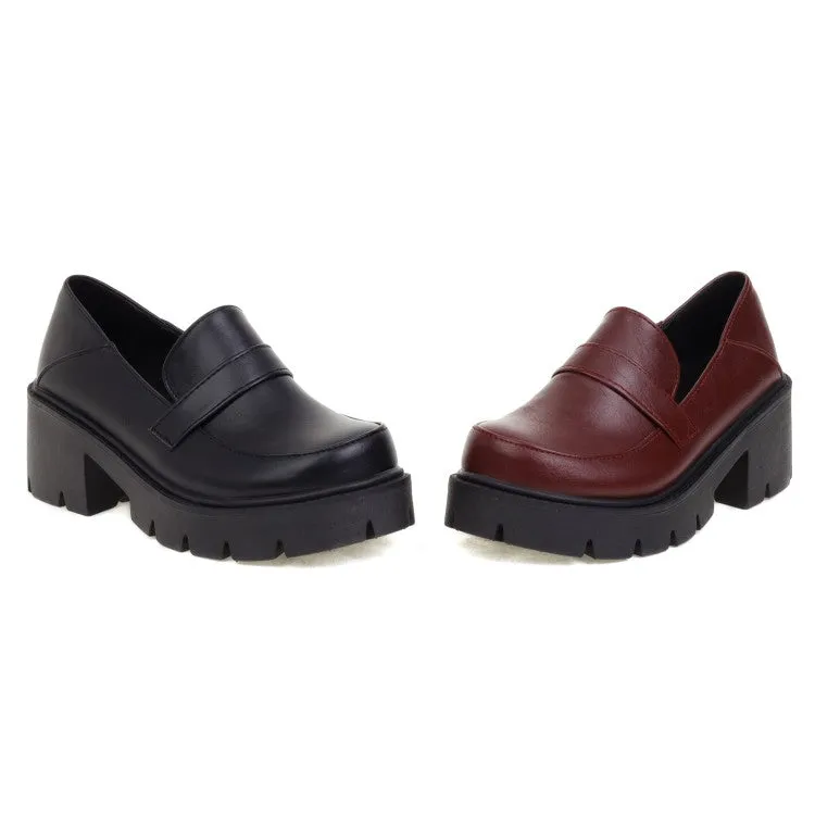 Women's Round Toe Shallow Block Chunky Heel Platform Loafers
