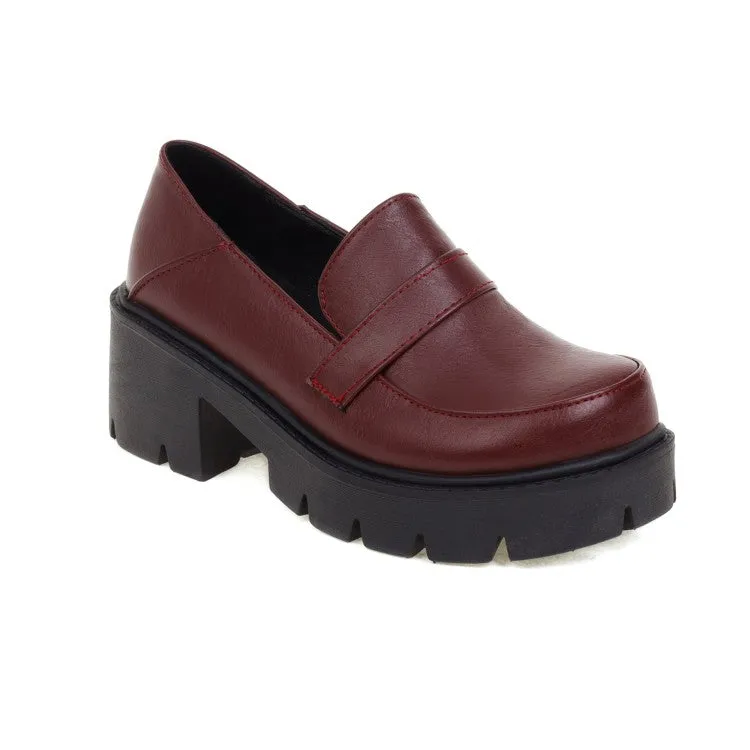 Women's Round Toe Shallow Block Chunky Heel Platform Loafers