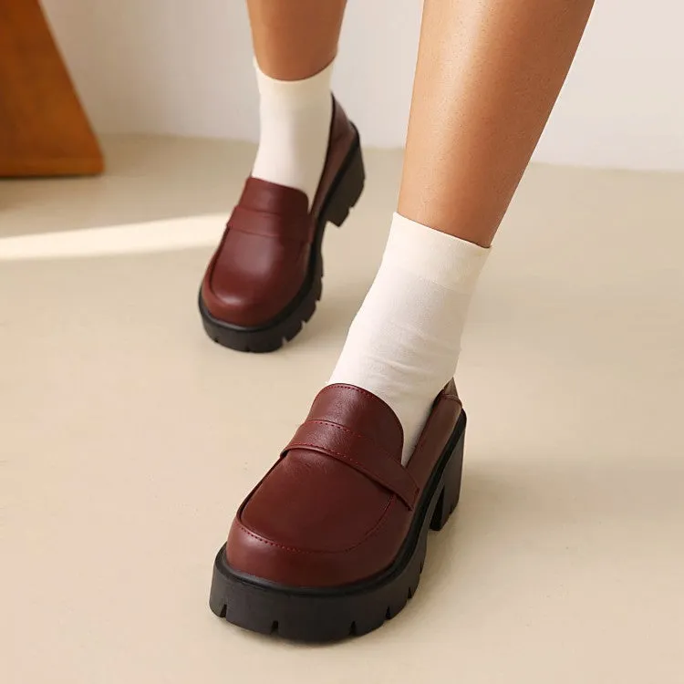 Women's Round Toe Shallow Block Chunky Heel Platform Loafers