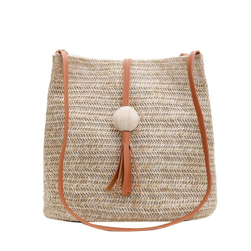 Women's Straw Woven  Beach Handmade Shoulder Bag  With Wooden Ball and Tassel