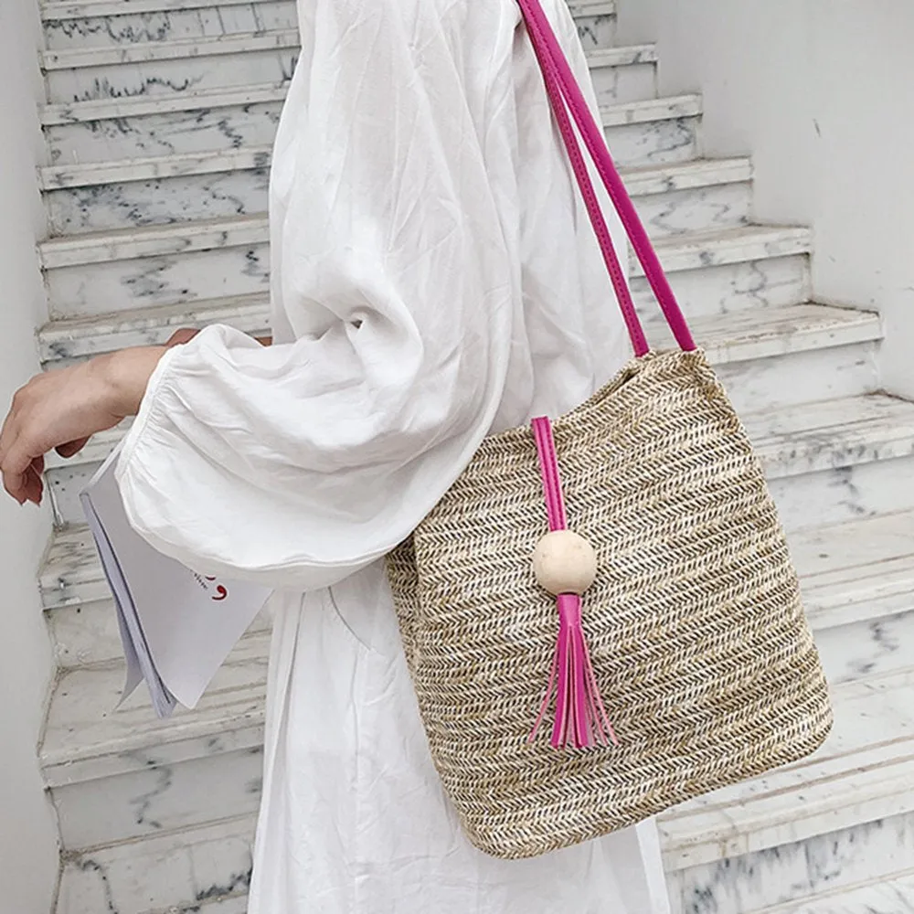 Women's Straw Woven  Beach Handmade Shoulder Bag  With Wooden Ball and Tassel