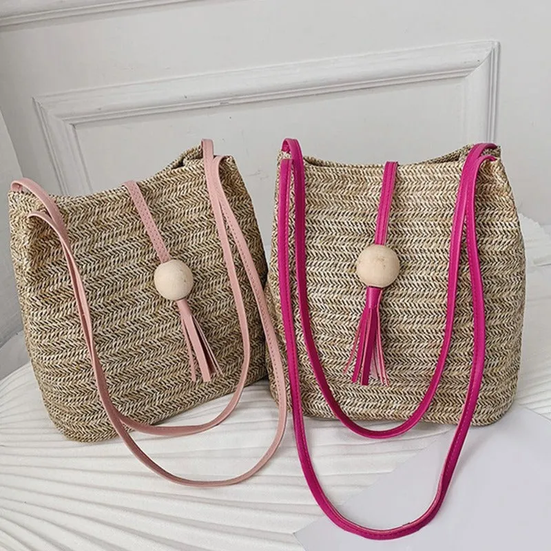 Women's Straw Woven  Beach Handmade Shoulder Bag  With Wooden Ball and Tassel