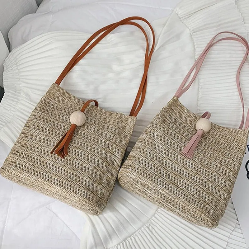 Women's Straw Woven  Beach Handmade Shoulder Bag  With Wooden Ball and Tassel