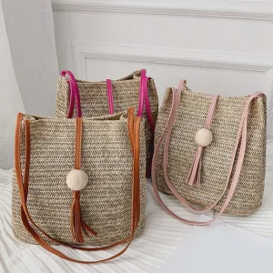 Women's Straw Woven  Beach Handmade Shoulder Bag  With Wooden Ball and Tassel