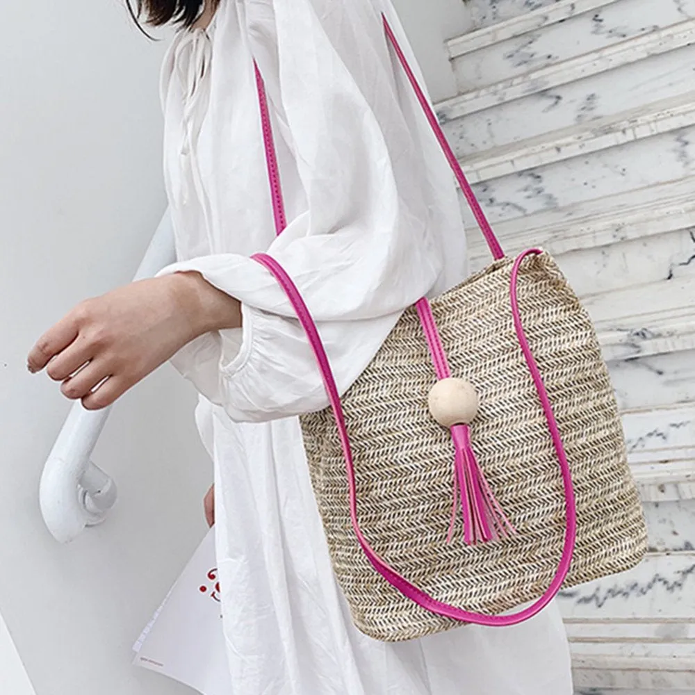 Women's Straw Woven  Beach Handmade Shoulder Bag  With Wooden Ball and Tassel