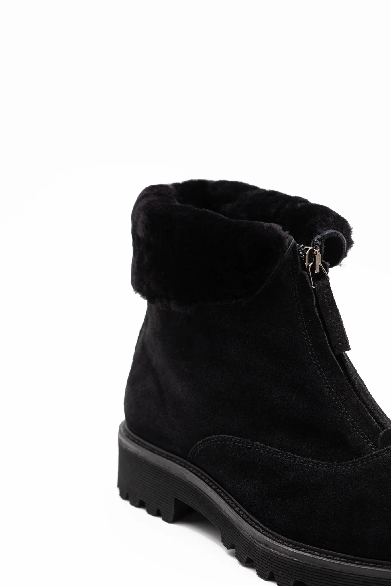 Zip-front shearling-lined boots in black suede